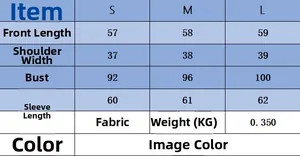 Detailed size chart for women's wool blend long sleeve top showing S, M, and L measurements