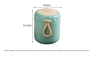 Detail view of a green 304 stainless steel insulated soup cup with wood grain lid and dimensions