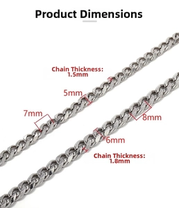 Detailed size chart for stainless steel Cuban chains showing width and thickness specs