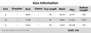 Detailed size chart for backless halter top and flared pants set in cm for S M L sizes