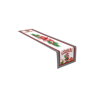Weihnachts-Tischläufer mit Merry Christmas Text, Gnom-Muster und rot-schwarzen Karo-Bordüren
