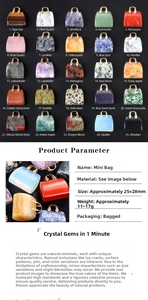 Detailed chart of mini crystal handbag pendants in 25 natural gemstone varieties