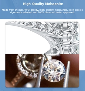 Macro shot of D color VVS1 moissanite stone and six-prong silver ring setting detail