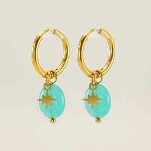 Minimalist 18k gold plated hoop earrings featuring malachite stones and gold star charms