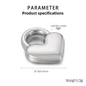 Polished stainless steel heart pendant detail showing 16x14mm size and 3g weight