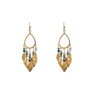 Elegant gold leaf tassel earrings with colorful beads on a clean white background