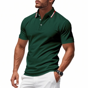 Detail of dark green polo shirt with red and white striped collar trim and three buttons