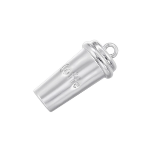 Macro view of silver coffee cup pendant with Coffe engraving and polished finish