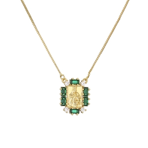 Iced-out religious pendant necklace with green stones and gold relief on box chain