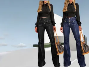 Detail of high waist flare jeans with multi-button closure and retro washed denim finish