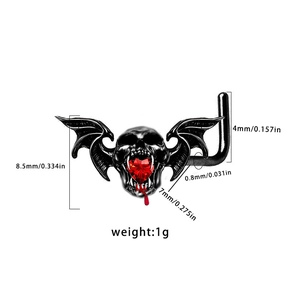 Gothic bat skull piercing jewelry with red heart stone and detailed size measurements