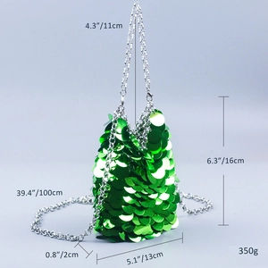 Detailed dimensions of green sequin bucket bag with silver chain strap and measurements