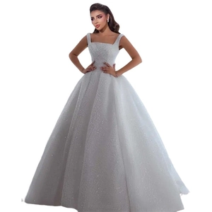 Elegant white square-neck bridal gown with shimmering sequins and full ball gown skirt
