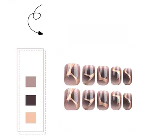 Close-up of cat-eye glitter press-on nails in coffee, purple, and pink with gold accents