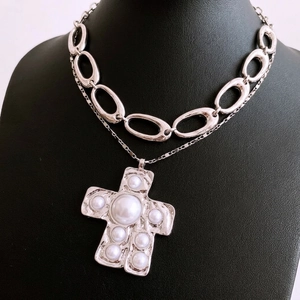 Retro punk style silver necklace with pearl cross pendant on double layer link chain