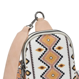 Detail of bohemian canvas bag featuring geometric patterns and durable metal D-ring hardware