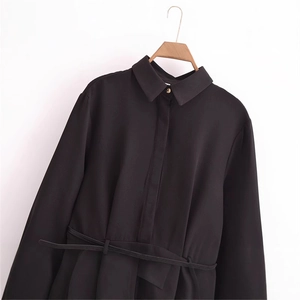 Classic black long sleeve shirt dress with adjustable waist belt for women fashion