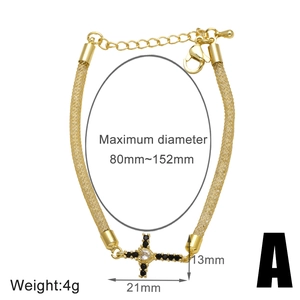 Detailed size chart for 18k gold plated mesh bracelet with zircon cross pendant