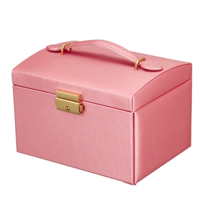 Pink PU leather jewelry organizer box with three layers and golden metal lock