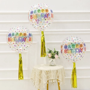 Clear 22 inch birthday balloon with Happy Birthday print and golden metallic tassels