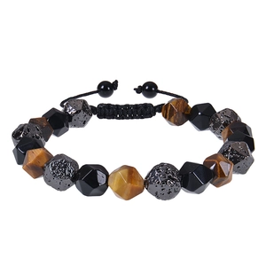 Triple Protection Bracelet Tiger Eye Obsidian Hematite Faceted Beaded Adjustable Braided Cord Unisex Healing Energy