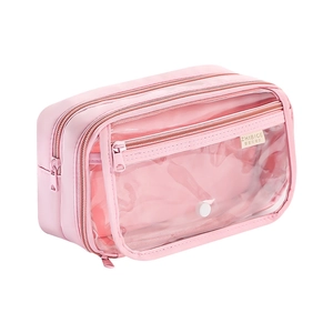 Pink multi-functional pencil case with dual-layer zippers and transparent PVC front pocket