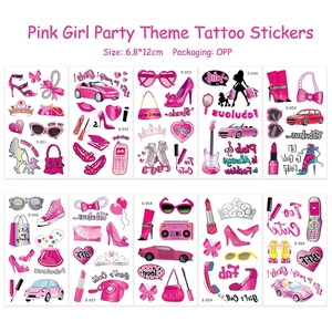 Set of 10 pink vintage girl temporary tattoos with fashion items for parties