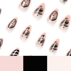 Artistic almond press on nails with pink base and black hand-painted eye pattern