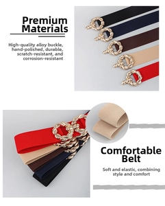 Detail of multi-color elastic belts featuring a golden alloy twist buckle and textured weave