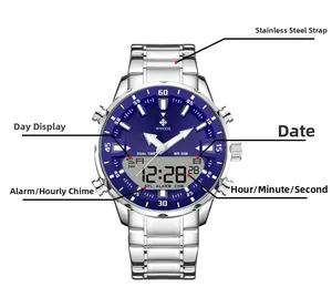 Detail view of quartz watch with dual time display and 50M waterproof stainless steel band