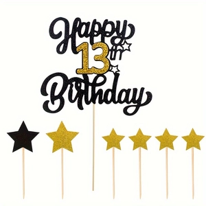 Glittering black and gold Happy 13th Birthday cake topper set with small stars