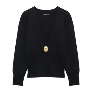 Women's slim fit black knit cardigan with deep V-neck and decorative gold metal button