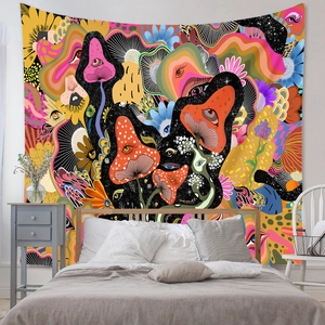 Detail of psychedelic mushroom tapestry hung as wall decor in a modern bedroom interior