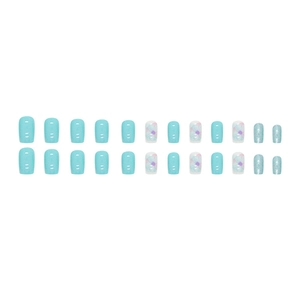 Light blue vintage floral fake nails with glitter accents on white background