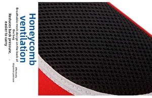 Detail of breathable honeycomb mesh on cat backpack for back pressure relief
