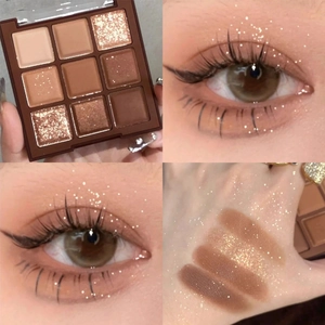 Paleta de nueve sombras de ojos chocolate con tonos mate y brillantes para maquillaje cálido