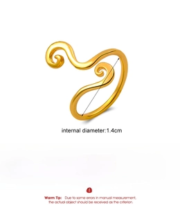 Detailed view of golden spiral open ring made of copper with sizing specifications
