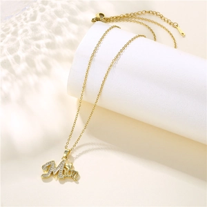 Gold stainless steel MOM pendant necklace with sparkling heart-shaped zircon accents
