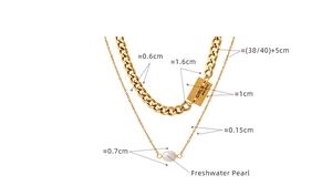 Detail showing gold double-layer necklace with a rectangle charm and a white freshwater pearl