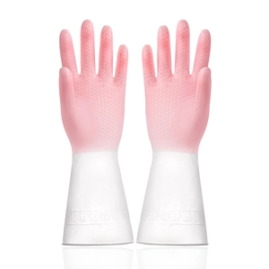Pink latex cleaning gloves with anti-slip texture and white long patterned cuffs