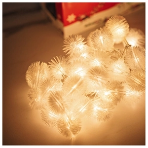 Macro shot of warm yellow LED dandelion globe lights with soft fiber optic texture