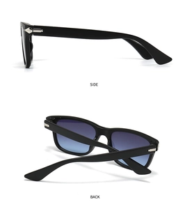 Side and back view of round black sunglasses featuring blue-purple gradient lenses