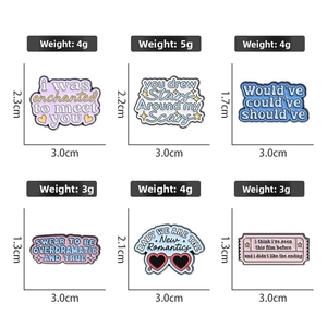 Set of 6 colorful enamel pins featuring English lyrics and creative pop culture shapes