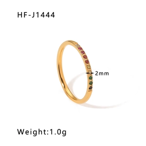 Detail view of 2mm rainbow zircon band in 18k gold plated stainless steel