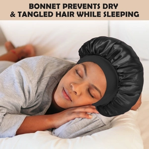 Close-up of black satin sleep bonnet preventing dry hair and tangles while sleeping