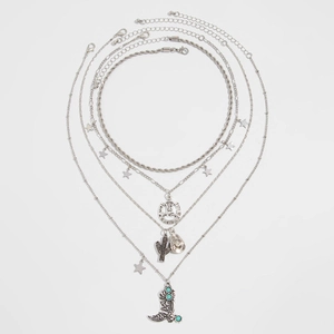 Western style 5-piece silver necklace set with cactus, cowboy hat, and horseshoe pendants