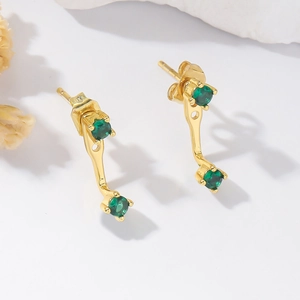 Elegant 925 silver needle drop earrings with sparkling green double zircons and gold finish