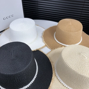 French style straw sun hat for women with elegant pearl trim and fringe brim in four colors
