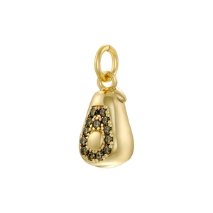 Detailed close-up of a gold-plated avocado pendant with dark gemstone inlay on white background