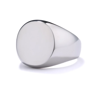 Polished silver stainless steel signet ring with a smooth finish and sleek design
